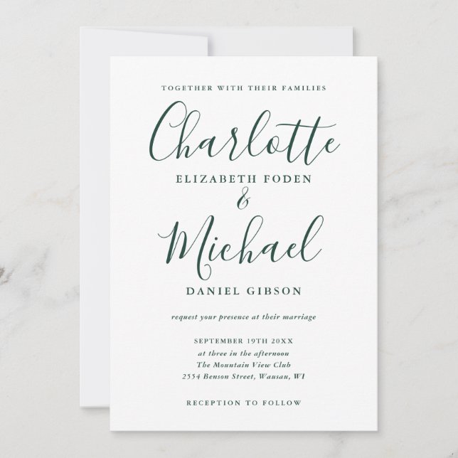 Emerald Green Signature Script Wedding Invitation (Front)