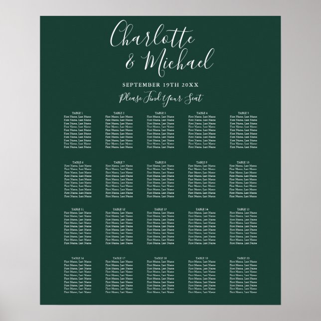 Emerald Green Signature Wedding Seating Chart (Front)