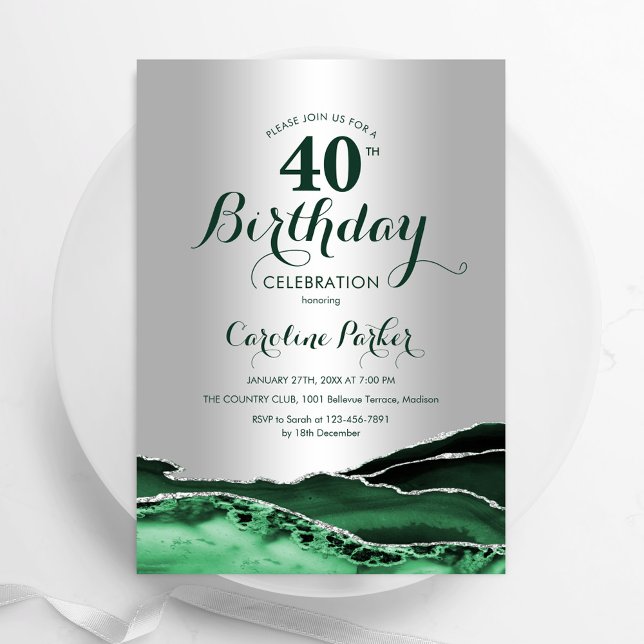 Emerald Green Silver Agate 40th Birthday Party Invitation (Creator Uploaded)