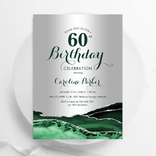 Emerald Green Silver Agate Marble 60th Birthday Invitation