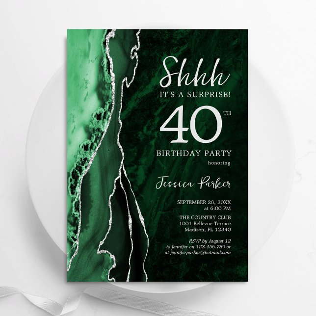 Emerald Green Silver Agate Surprise 40th Birthday Invitation (Creator Uploaded)