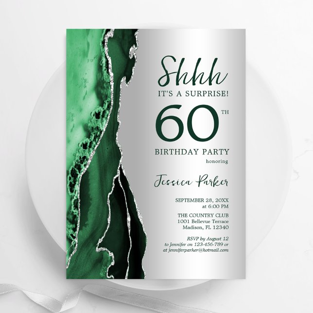 Emerald Green Silver Agate Surprise 60th Birthday Invitation (Creator Uploaded)