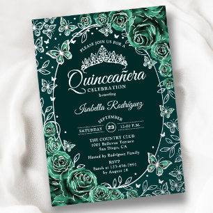 Emerald Green Silver Butterflies Roses Quinceanera