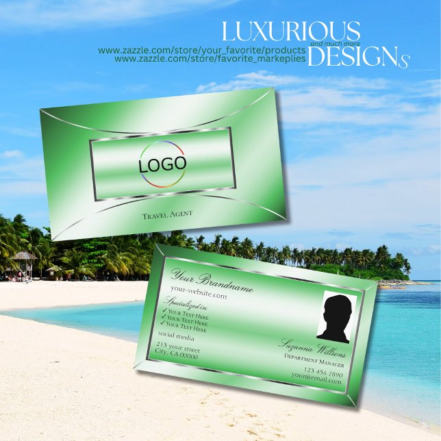 Emerald Green Silver Decor with Logo and Photo Business Card (Creator Uploaded)
