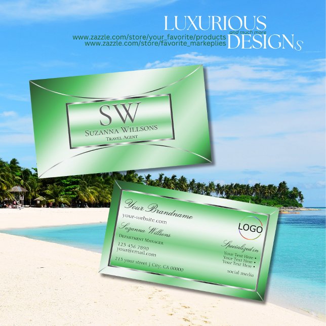 Emerald Green Silver Decor with Monogram and Logo Business Card (Creator Uploaded)