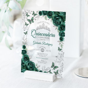 Emerald Green Silver Floral Quinceanera Acrylic Invitations