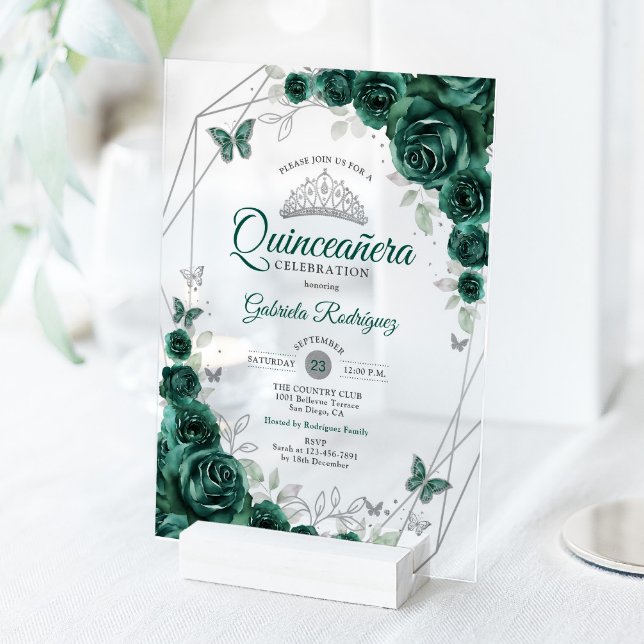 Emerald Green Silver Floral Quinceanera Acrylic Invitations (Creator Uploaded)