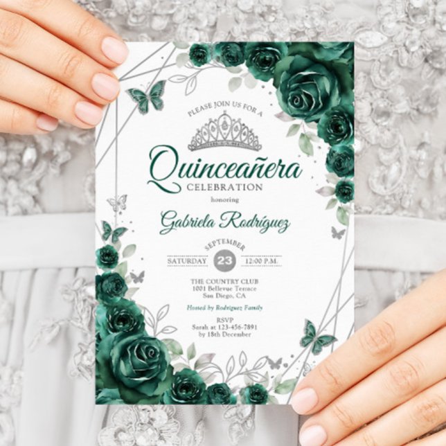 Emerald Green Silver Floral Quinceanera Invitation (Creator Uploaded)