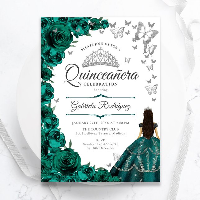 Emerald Green Silver Floral Quinceanera Invitation (Creator Uploaded)