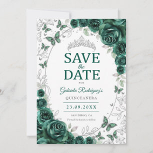 Emerald Green Silver Floral Quinceanera Save The Date