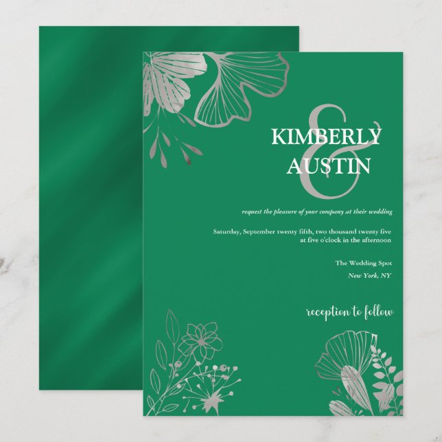 Emerald Green | Silver Floral Wedding Invitation (Front/Back)
