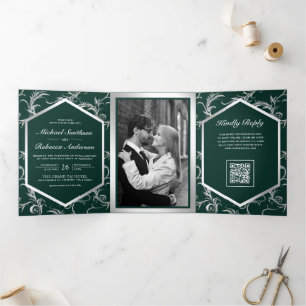 Emerald Green Silver Flourish QR Code Wedding Tri-Fold Invitation