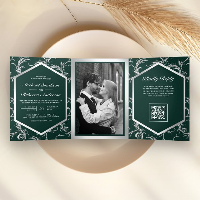 Emerald Green Silver Flourish QR Code Wedding Tri-Fold Invitation (Creator Uploaded)