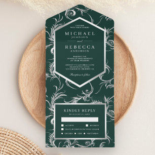 Emerald Green Silver Foil Flourish Swirl Wedding All In One Invitation