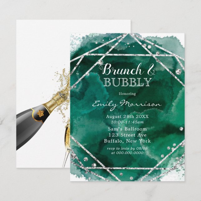 Emerald Green Silver Geometric Brunch & Bubbly Invitation (Front/Back)