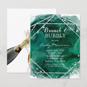 Emerald Green Silver Geometric Brunch & Bubbly Invitation