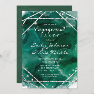 Emerald Green Silver Geometric Engagement Party Invitation