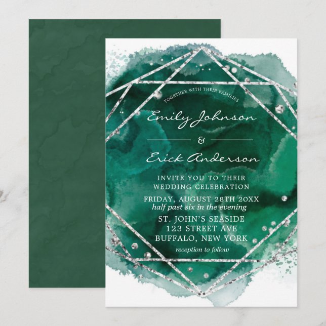 Emerald Green Silver Geometric Glitter Wedding Invitation (Front/Back)