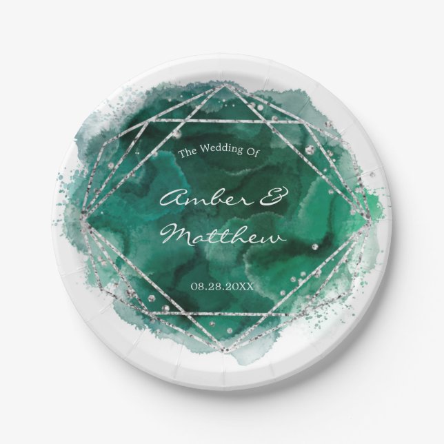 Emerald Green Silver Geometric Watercolor Wedding Paper Plate (Front)