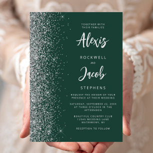 Emerald Green Silver Glitter Calligraphy Wedding Invitation