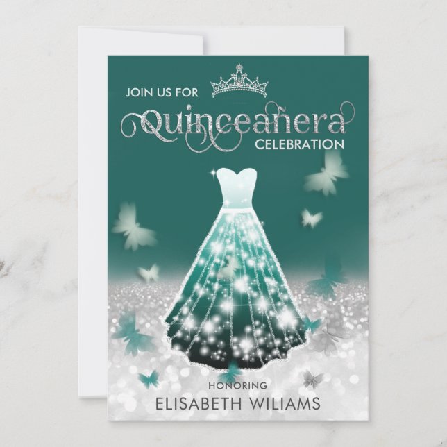 Emerald Green silver glitter dress butterfly Invit Invitation (Front)