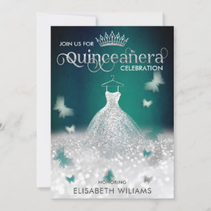 Emerald Green silver glitter dress butterfly Invitation