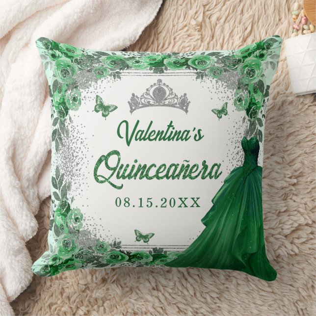 Emerald Green Silver Glitter Floral Quinceanera Cushion (Blanket)