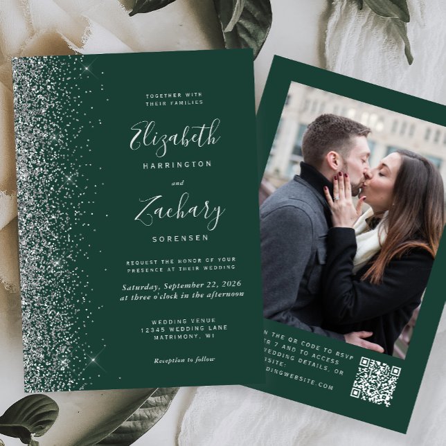 Emerald Green Silver Glitter Photo QR Code Wedding Invitation (Creator Uploaded)