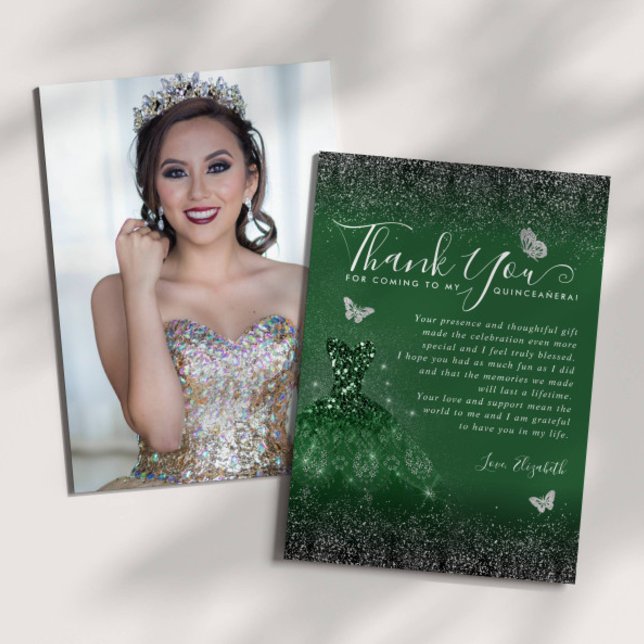Emerald Green Silver Glitter Quinceanera Photo Thank You Card (Creator Uploaded)