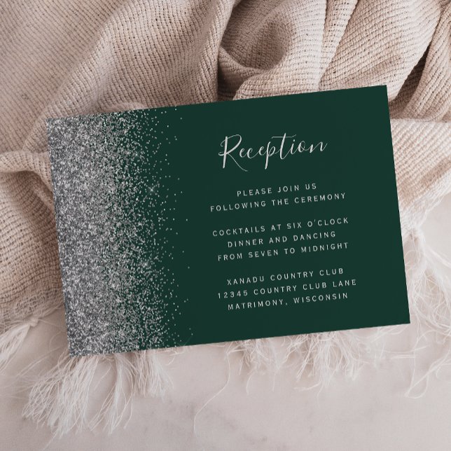 Emerald Green Silver Glitter Wedding Reception Enclosure Card (Creator Uploaded)