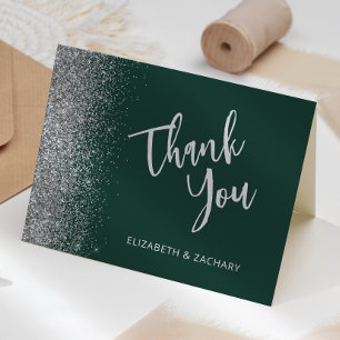 Emerald Green Silver Glitter Wedding Thank You Card