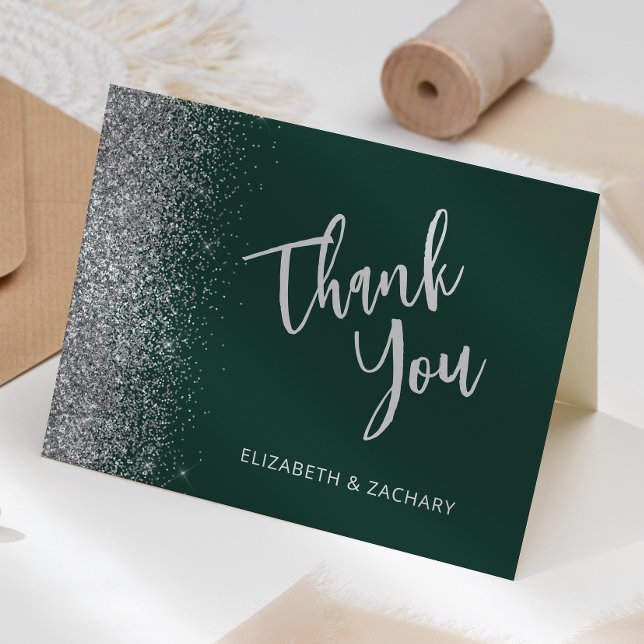 Emerald Green Silver Glitter Wedding Thank You Card (Creator Uploaded)