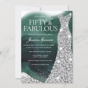 Emerald Green & Silver Gown 50th Birthday Party Invitation