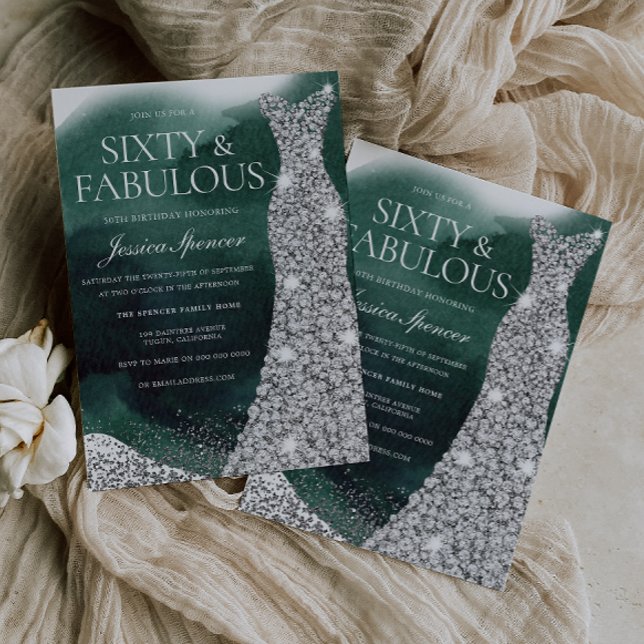 Emerald Green & Silver Gown 60th Birthday Party Invitation (Creator Uploaded)