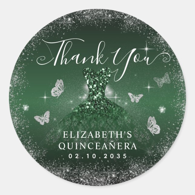 Emerald Green Silver Gown Quinceañera Thank You Classic Round Sticker (Front)