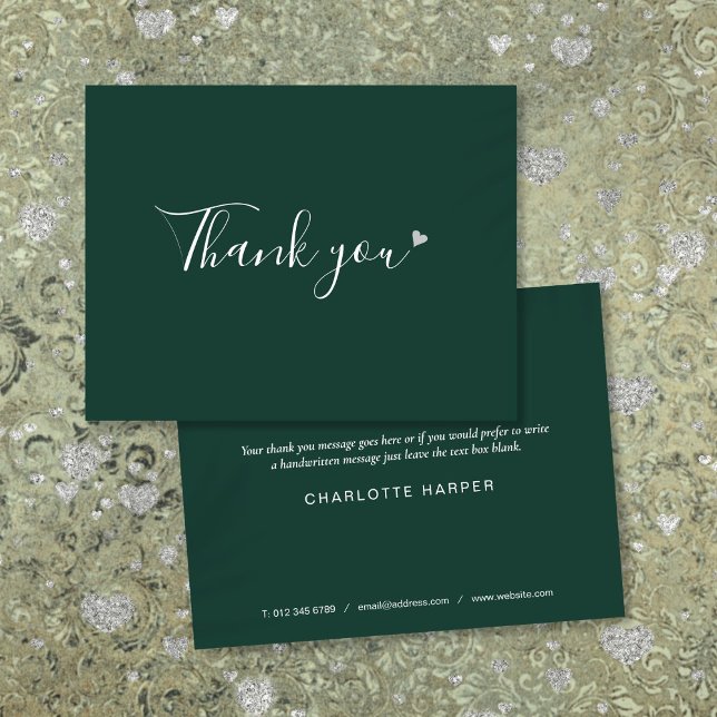 Emerald Green Silver Heart Chic Script Business Thank You Card (Emerald Green Silver Heart Chic Script Business Thank You Card)
