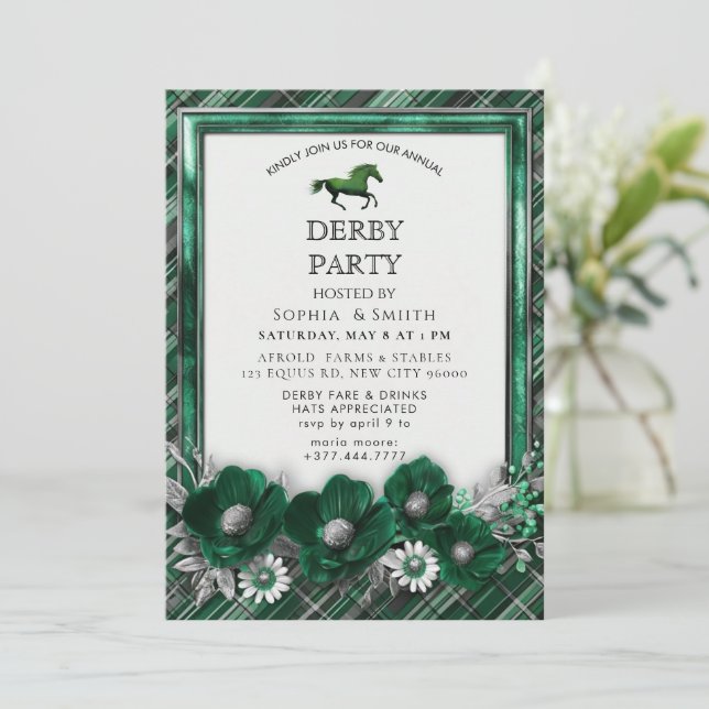 Emerald Green Silver Horse Derby Party Invitation  (Standing Front)