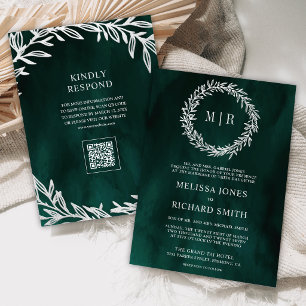 Emerald Green Silver Leaf Branch QR Code Wedding Invitation