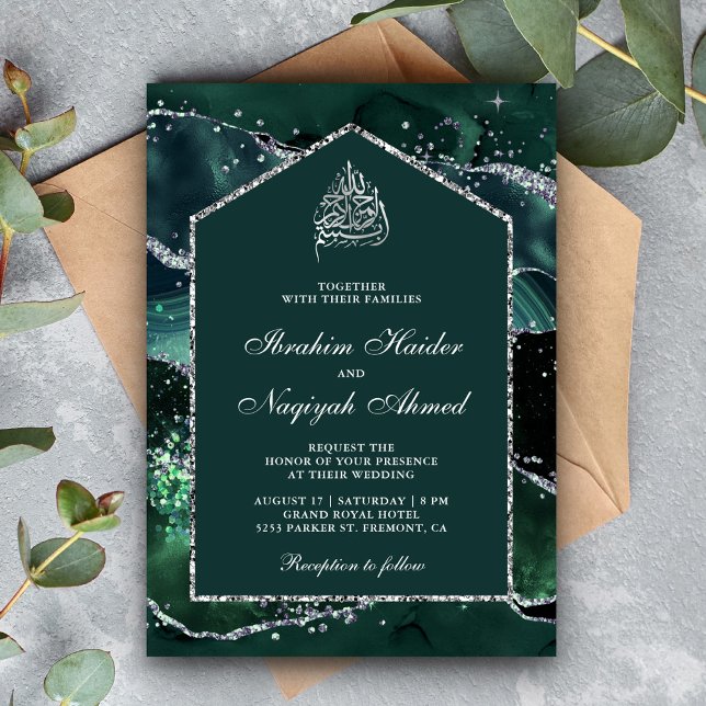 Emerald Green Silver Marble Arch Muslim Wedding Invitation (Creator Uploaded)