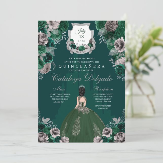 Emerald Green & Silver Princess Castle Quinceañera Invitation (Standing Front)