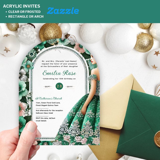 Emerald Green Silver Quince Dress Flowers Tiara Acrylic Invitations (Creator Uploaded)