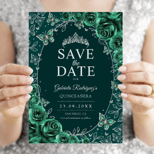 Emerald Green Silver Quinceanera Floral Save The Date