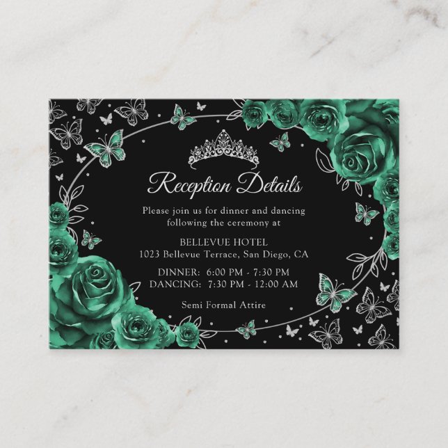 Emerald Green Silver Quinceanera Reception Details Enclosure Card (Front)