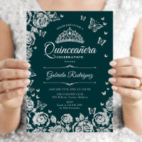 Emerald Green Silver Roses Butterflies Quinceanera