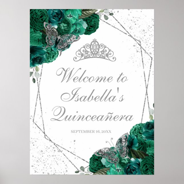 Emerald Green & Silver Tiara Quinceanera  Poster (Front)