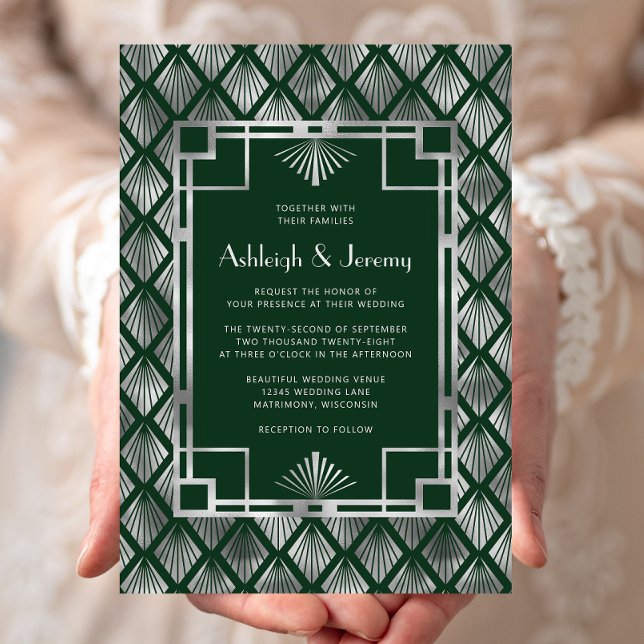 Emerald Green Silver Vintage Deco Pattern Wedding Invitation (Creator Uploaded)