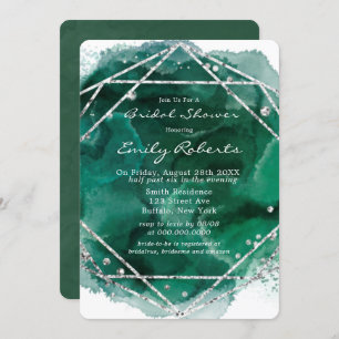 Emerald Green Silver Watercolor Bridal Shower Invitation