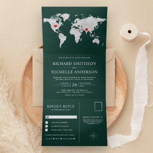 Emerald Green Silver World Map All in One Wedding Tri-Fold Invitation