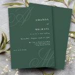 Emerald Green Simple Elegant Monogram Wedding Invitation<br><div class="desc">A simple modern minimalist design with an elegant edge, this unique wedding invitation features beautiful calligraphy script monograms of the bride and groom on alternate corners. A neat text layout displays the details of your wedding with a clean classic look with light emerald green initials and ivory text over a...</div>