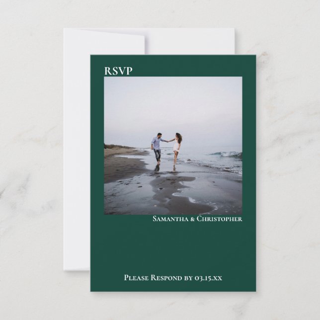 Emerald Green Simple Minimalist Photo Wedding RSVP Card (Front)